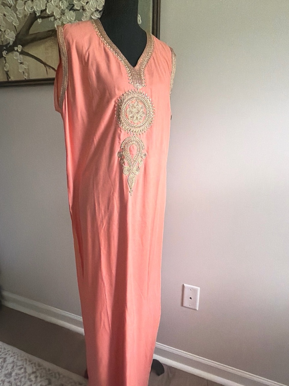 & Other Stories Coral Pink Embroidered Sleeveless Maxi Dress